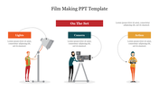 Film making slide featuring illustrations of crew members handling lights, camera, and action on a movie set.