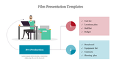 Film production slide featuring an illustrated character at a desk, paired with two numbered text boxes in red and blue.