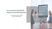 Business-focused slide showing a discussion scene with a bar chart and a caption area display in the background.