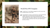 World War PPT template with a soldier image and text on the concept and major global conflicts of the 20th century.