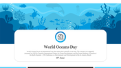 World oceans day slide with underwater scene background, featuring marine life silhouettes and a central text box.