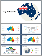 Australia map design template with slides showing colored state divisions, population data, and infographic elements.