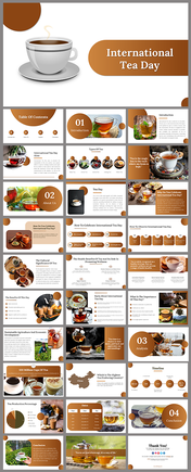 International Tea day slides featuring a steaming cup of tea, brown accents, and an overview of tea related topics.