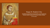 St. Stephen's Day slide with a medieval style of Saint Stephen holding a red and gold book on a brown background.