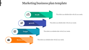 Business plan visual with gradient arrows and icons, illustrating profit, growth, target, and business hierarchy.