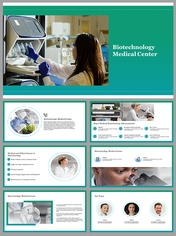 Biotechnology medical center slides featuring lab professionals, research visuals, and teal white theme design.