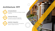 Three numbered diamond shaped icon with text and a building model overlaid with a yellow curved graphic on the right.