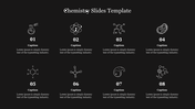 Chemistry themed slide with eight numbered white icons, including molecules and lab equipment, arranged on a black backdrop.
