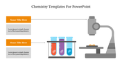 A PowerPoint slide for chemistry, featuring test tubes with colorful liquids and a microscope with placeholder text.