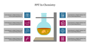 Slide with eight icons and text blocks in alternating blue and purple, featuring a chemistry flask in the center.