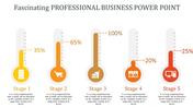 Professional business PPT slide with thermometers indicating progress stages from 25 to 100 percent with various icons.