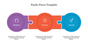 Colorful circular puzzle pieces in purple, orange, and blue, representing business, process, and growth with matching icons.