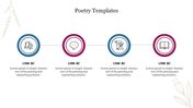 Horizontal layout with four circular icons in alternating blue and red, on a beige background with floral details.