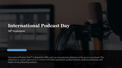 Slide featuring a microphone and headphones on a dark background, a blue bar and white text about International podcast day.