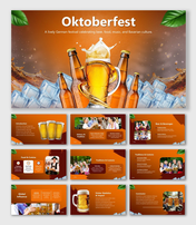 Oktoberfest with beer, bottles, ice, orange theme, text boxes, traditions, culture, food, drinks, and Bavarian highlights.