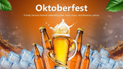 Oktoberfest with beer, bottles, ice, orange theme, text boxes, traditions, culture, food, drinks, and Bavarian highlights.
