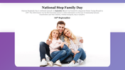 Family celebrating National Stepfamily Day, featuring a man, woman, and child on a violet border on a white backdrop.
