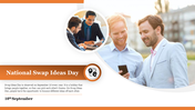 Orange banner with circular image layout on the top right, featuring two professional men interacting outdoors.