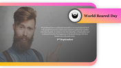 World beard day with a bearded man on the left, text in the center, and a vibrant gradient banner at the top.