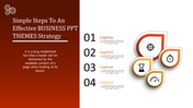 Slide with a red and white background, featuring four numbered captions with orange and black icons on the right.