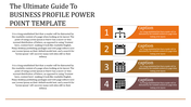 Business profile template with four numbered boxes in orange having icons and caption areas in a grey backdrop.