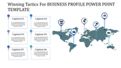 Business profile PowerPoint template featuring a world map six icons and numbered caption bubbles.