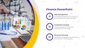 Slide featuring financial charts, a person working at a desk, with yellow accents, and three numbered categories.