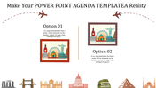 Agenda slide featuring global landmarks in frames labeled option 01 and option 02, with a flying airplane graphic. 