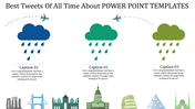 Slide showcasing the best tweets about PowerPoint template with cloud and rain icons and city landmarks in the background.