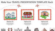 Travel presentation template featuring different accommodation options, including homes, houses, and schools.