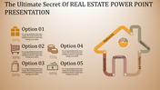 Real estate PowerPoint template with a house design and five options, each showing different percentage values and icons.
