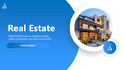 Real Estate PowerPoint with blue theme, property images, charts, icons, and structured text blocks.