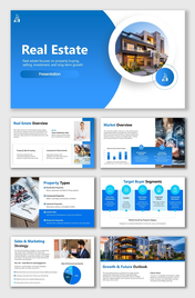 Real Estate PowerPoint with blue theme, property images, charts, icons, and structured text blocks.