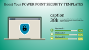 Green gradient slide with a laptop graphic showing a security shield and three progress bars with percentages on the right.