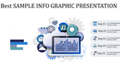 Sample infographic PowerPoint showing five steps with various icons and graphs with captions.