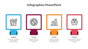 Infographic template with four square colored sections featuring icons for business, process, growth, and success.