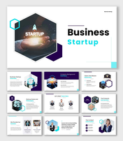 Business Startup presentation with hexagon visuals, company background, business goals, and market solutions.
