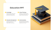 Education slide with a graduation cap on stacked books and yellow accents, paired with four text sections.