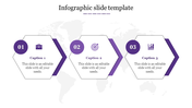 Minimalist infographic slide showing three purple-outlined hexagons with icons for planning, targeting, and analytics.