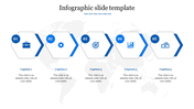Five blue hexagons with icons and captions, arranged horizontally on a world map background.