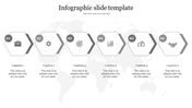 Gray themed infographic with six hexagonal shapes, each containing icons and captions, aligned horizontally over a world map.