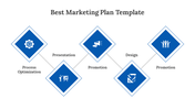 Slide showcasing a marketing plan with five blue diamonds connected by lines, each step labeled with text and icons.