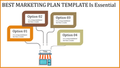 Best marketing plan template featuring four options connected to a shop illustration with placeholder text.