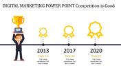 Timeline PowerPoint slide with awards for 2013, 2017, and 2020, with a character holding a trophy with placeholder text.