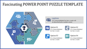 Hexagonal Puzzle themed PowerPoint template with icons representing teamwork, growth, and success with placeholder text.