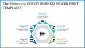 Business slide with a pentagon diagram in blue and green, showing five steps with icons and captions.