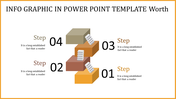 Infographic PPT template showing four steps with stacked blocks and descriptive text for each step.