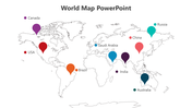 World map PowerPoint slide with location markers for various countries, including the USA, Brazil, and Russia.