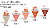 Business growth presentation template with five colorful funnel shaped steps, each featuring icons and titles.