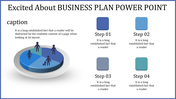 Business plan PowerPoint template with steps and pie chart design with placeholder text.